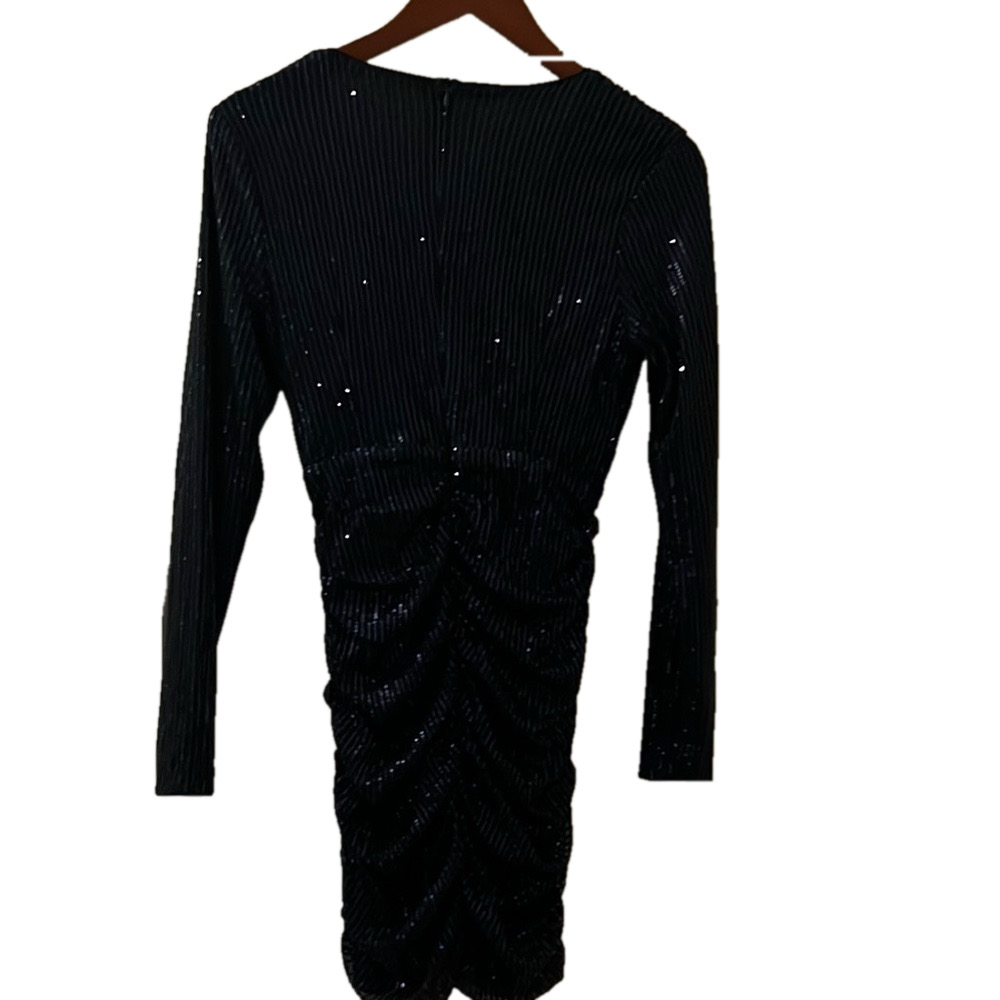 Blue Ruched Sequin Midi Dress with Long Sleeves and Cowl Neck - Picture 3 of 4